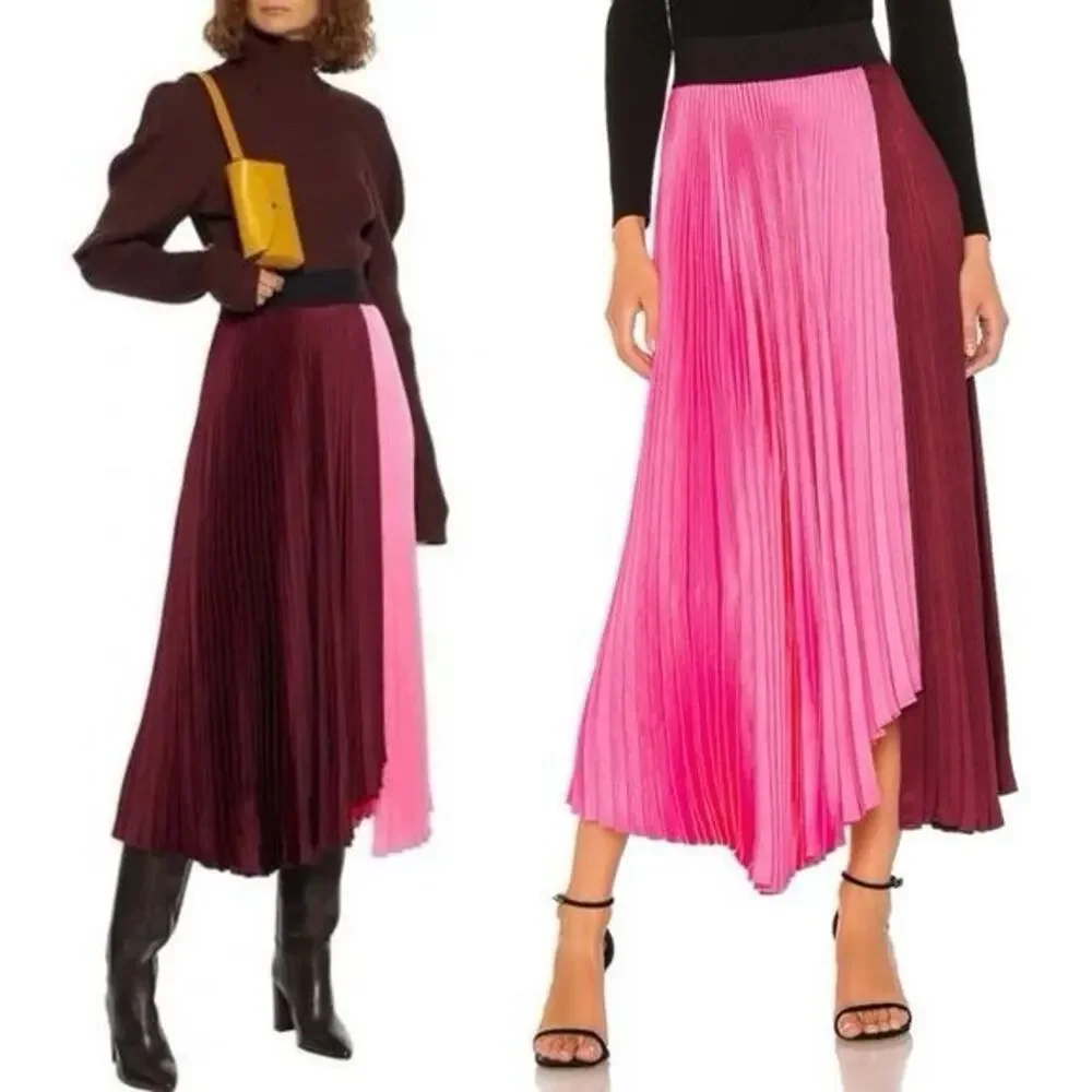 A.L.C. Grainger Pleated Midi Skirt Pink Burgundy Colorblock 14
